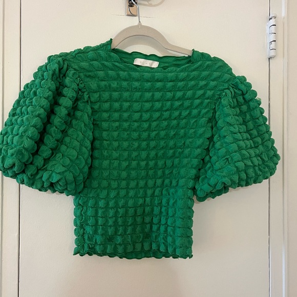Chic Anthropologie Eri + Ali Kelly Green Textured Puff Sleeve Top in Green XXS - Picture 3 of 7